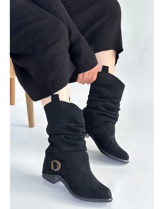 Canty Siyah Süet Körüklü Topuklu Çizme