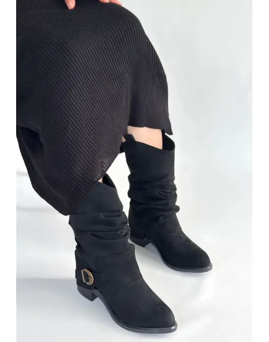 Canty Siyah Süet Körüklü Topuklu Çizme