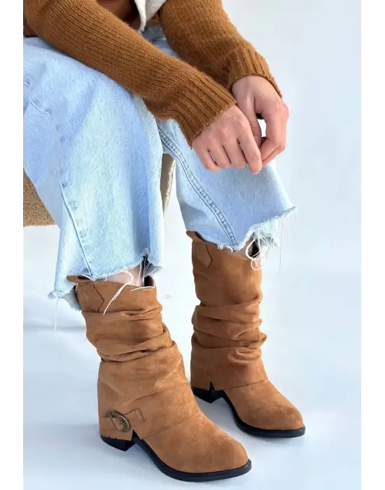 Canty Taba Süet Körüklü Topuklu Çizme