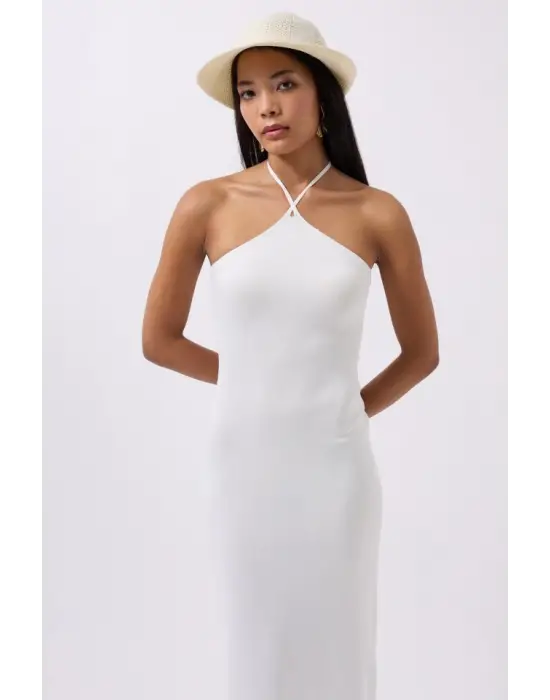 Omarı Kolsuz Çapraz Askılı Maxi Elbise