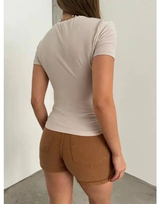 Çapraz Büzgülü Kısa Kol Sandy Bluz -Bej