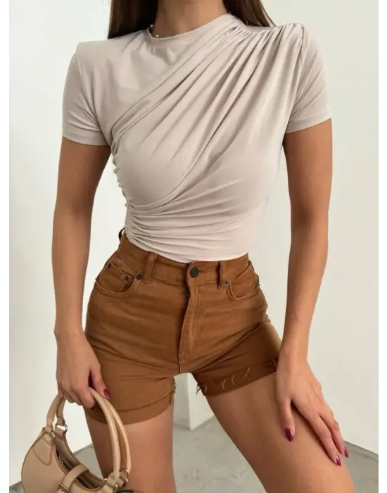 Çapraz Büzgülü Kısa Kol Sandy Bluz -Bej