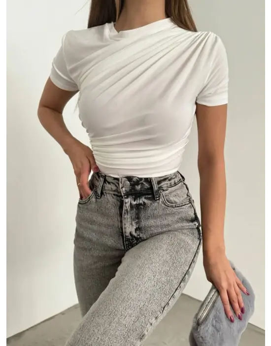 Çapraz Büzgülü Kısa Kol Sandy Bluz -Beyaz