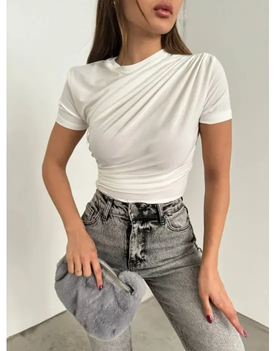 Çapraz Büzgülü Kısa Kol Sandy Bluz -Beyaz