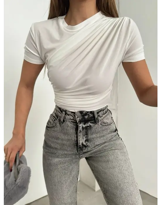 Çapraz Büzgülü Kısa Kol Sandy Bluz -Beyaz