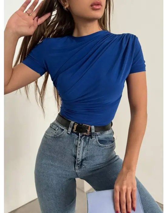 Çapraz Büzgülü Kısa Kol Sandy Bluz -Saks