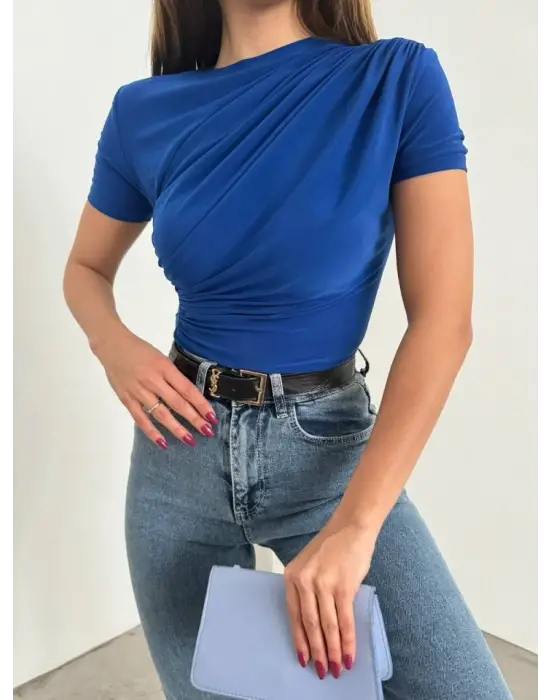 Çapraz Büzgülü Kısa Kol Sandy Bluz -Saks