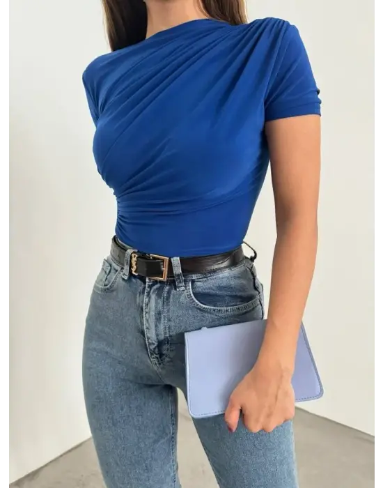 Çapraz Büzgülü Kısa Kol Sandy Bluz -Saks