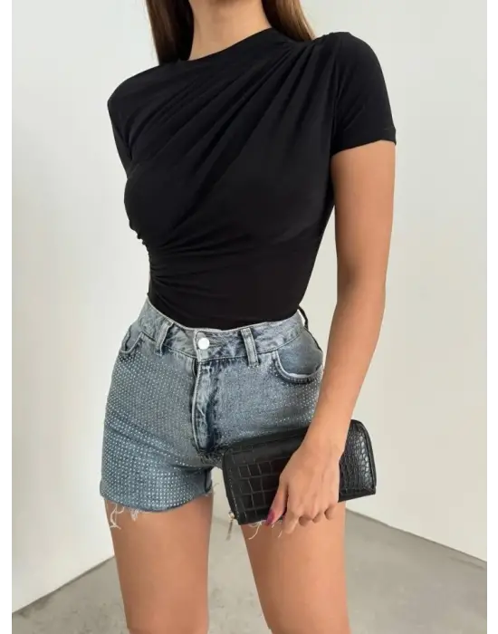 Çapraz Büzgülü Kısa Kol Sandy Bluz  -Siyah