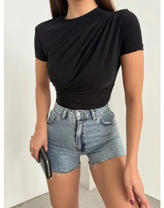 Çapraz Büzgülü Kısa Kol Sandy Bluz  -Siyah