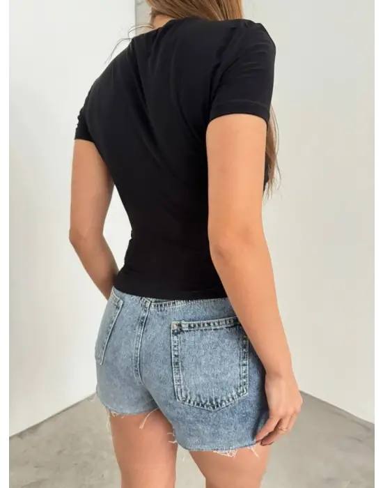 Çapraz Büzgülü Kısa Kol Sandy Bluz  -Siyah