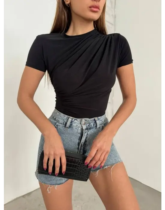 Çapraz Büzgülü Kısa Kol Sandy Bluz  -Siyah