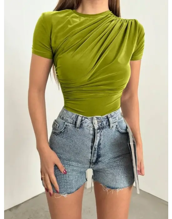 Çapraz Büzgülü Kısa Kol Sandy Bluz -Yağ Yeşili