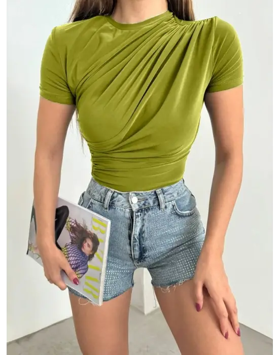 Çapraz Büzgülü Kısa Kol Sandy Bluz -Yağ Yeşili