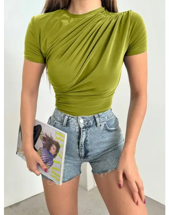 Omarı Modern ve Rahat Sandy Bluz - Yağ Yeşili