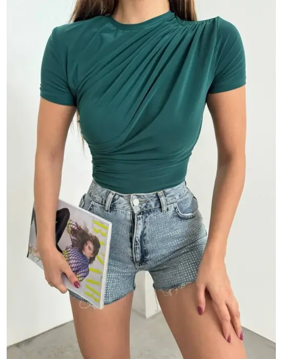 Çapraz Büzgülü Kısa Kol Sandy Bluz -Zümrüt