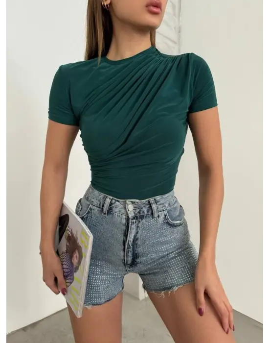 Çapraz Büzgülü Kısa Kol Sandy Bluz -Zümrüt