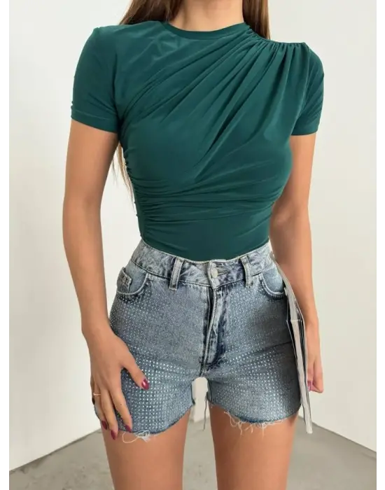 Çapraz Büzgülü Kısa Kol Sandy Bluz -Zümrüt