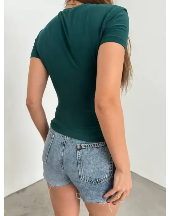 Omarı Şık Çizgili Kısa Kollu Sandy Bluz - Zümrüt