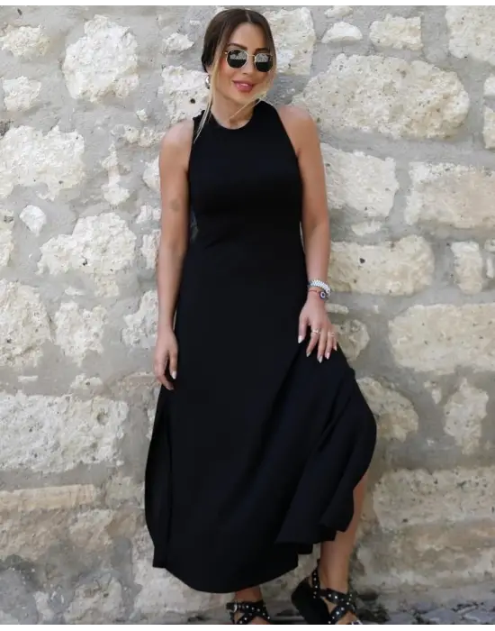 Omarı Arkadan Çapraz Detaylı Viskon Maksi Elbise