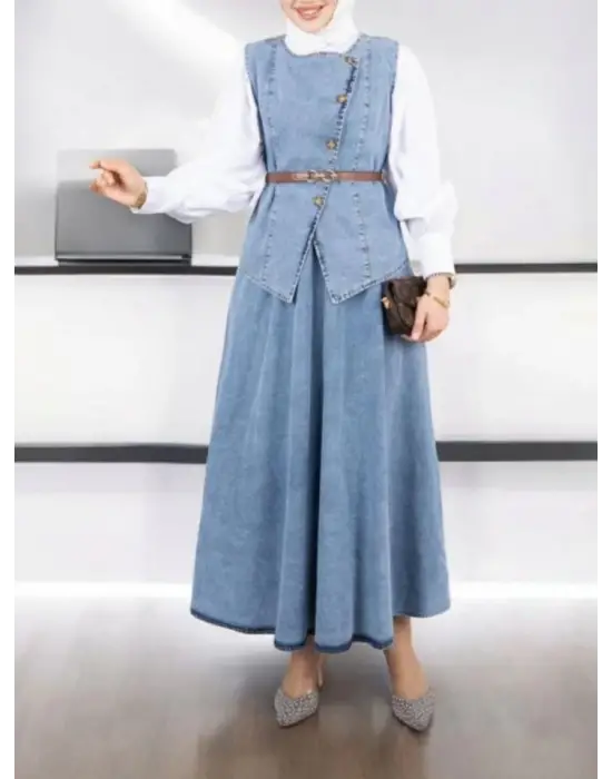 Omarı Kemerli Yelek Etek Kot Takım - Buz Mavi