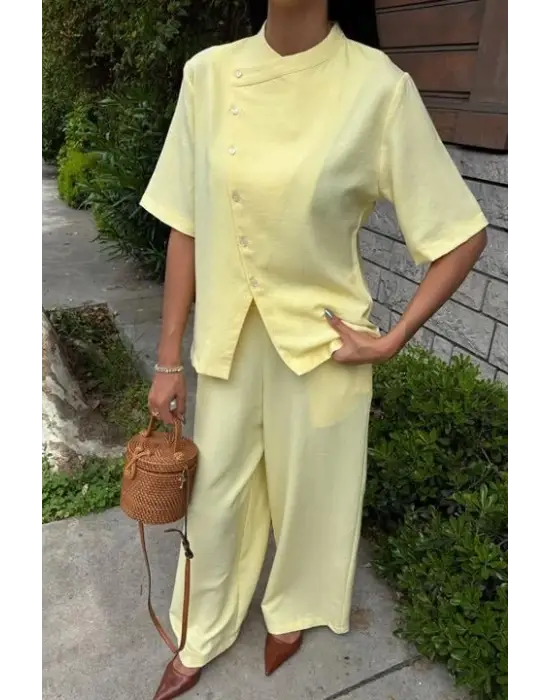 Omarı Şık Hakim Yaka Plazzo Pantolon Takımı