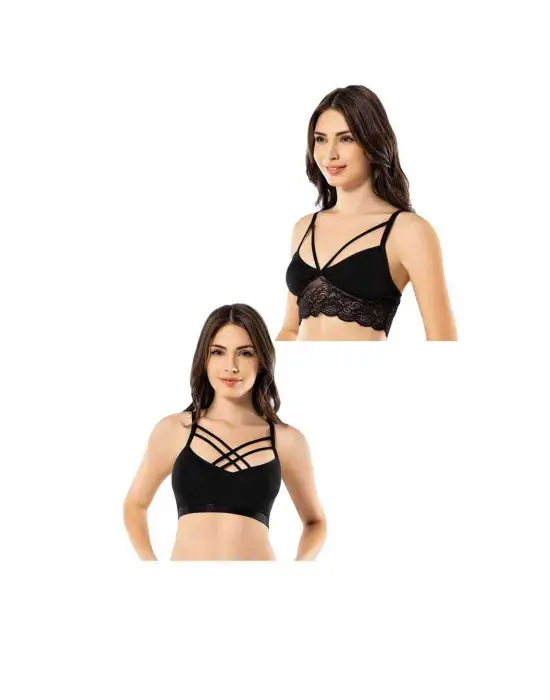 Omarı Siyah Dantelli Çapraz İpli Büstiyer Seti