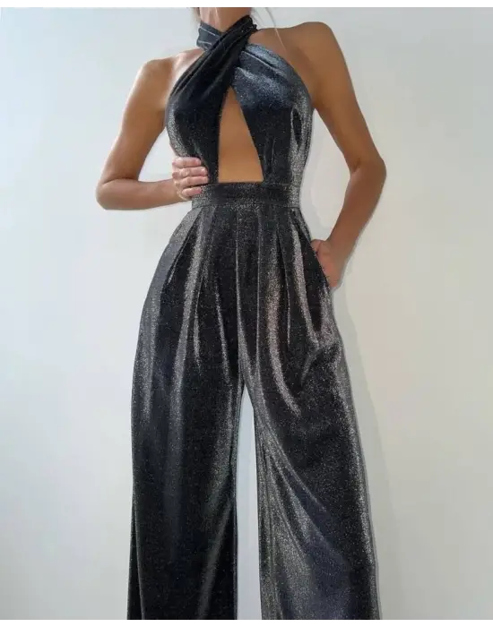 Omarı Çapraz Dantel Detaylı Sim Desenli Tulum