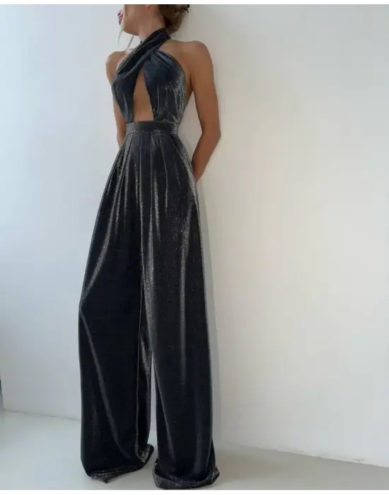 Omarı Çapraz Dantel Detaylı Sim Desenli Tulum