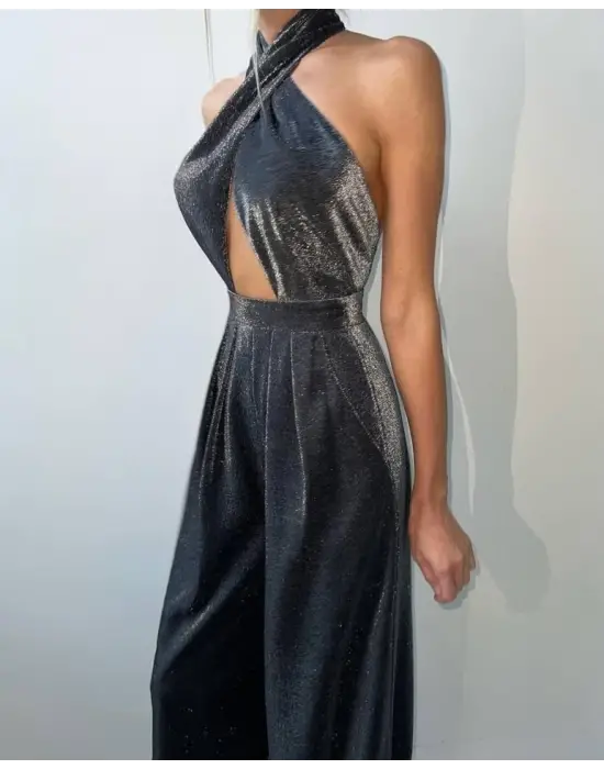 Omarı Çapraz Dantel Detaylı Sim Desenli Tulum