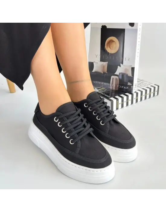 Omarı Siyah Keten Bağcıklı Spor Ayakkabı