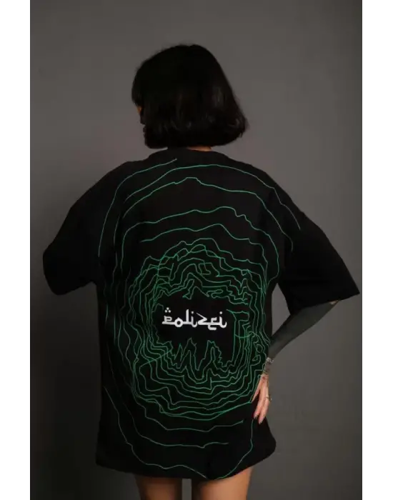 Omarı Bisiklet Desenli Oversize T-Shirt - Siyah