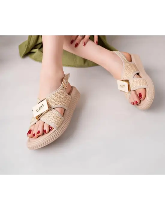 Cate Bej Hasır Cilt Sandalet