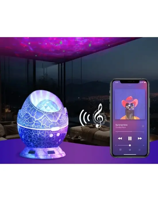 Çatlak Dinozor Yumurtası Tasarımlı Projektörlü Gece Lambası Bluetooth Özellikli