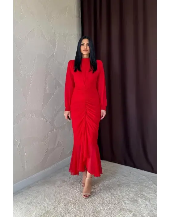 Omarı Zarif Kırmızı Şifon Elbise