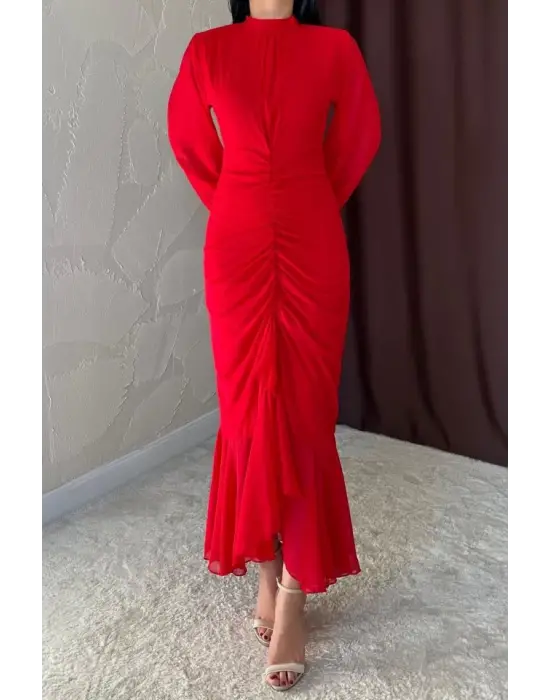 Omarı Zarif Kırmızı Şifon Elbise