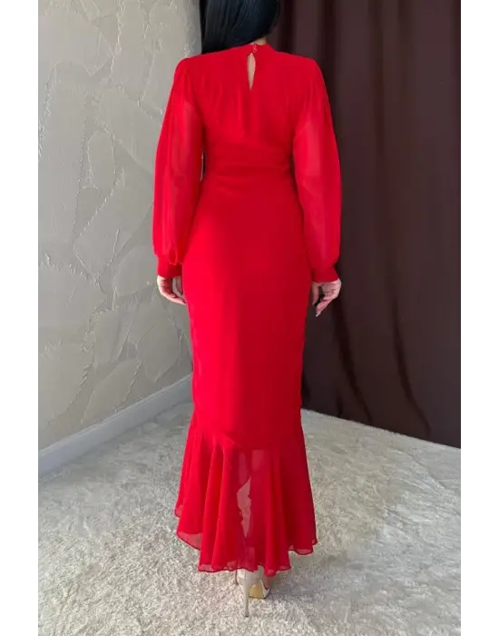 Omarı Zarif Kırmızı Şifon Elbise