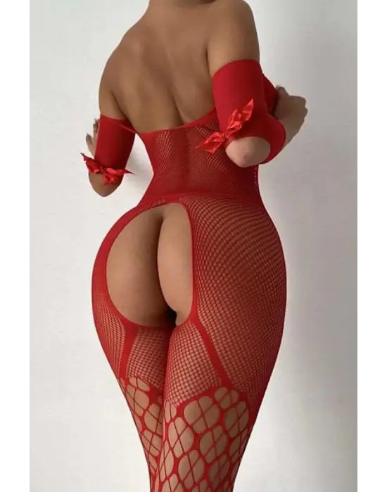 Omarı Çekici Kırmızı Babydoll Fantezi Kıyafet Vücut Çorabı