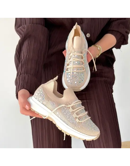 Ceas Bej Triko Bağcıklı Spor Ayakkabı