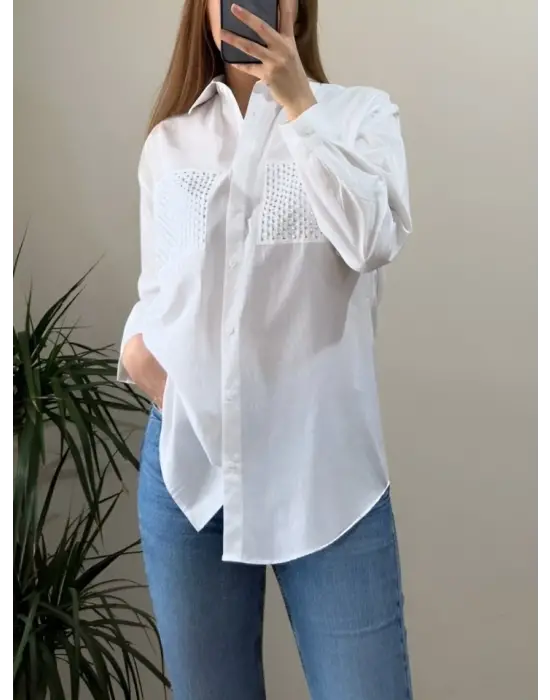 Cebi Taşlı Poplin Gömlek -Beyaz