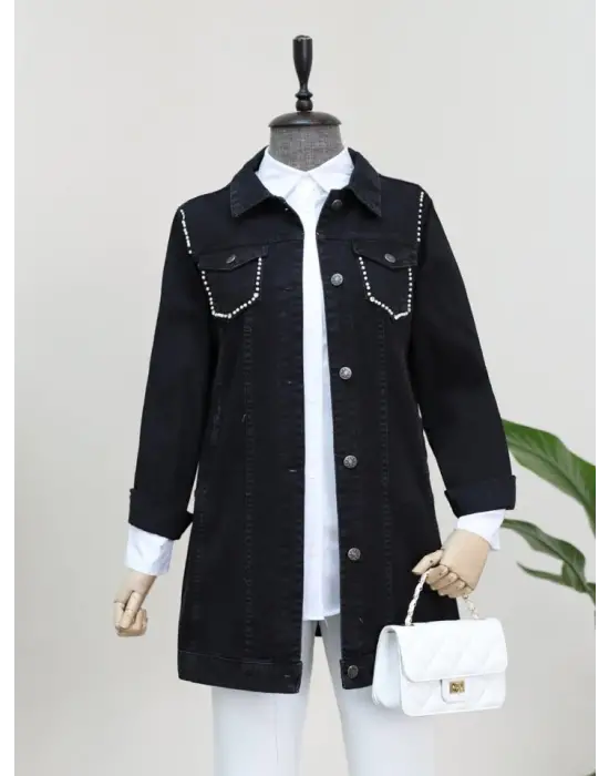 Cebi Ve Omuzları İncili Random Yıkama Kot Ceket -Siyah