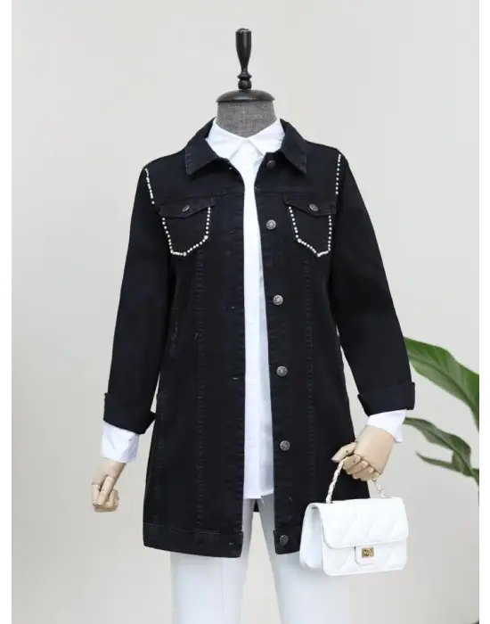 Omarı İnci Detaylı Random Yıkama Kot Ceket -Siyah