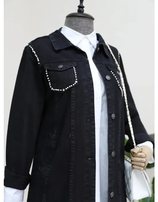 Cebi Ve Omuzları İncili Random Yıkama Kot Ceket -Siyah