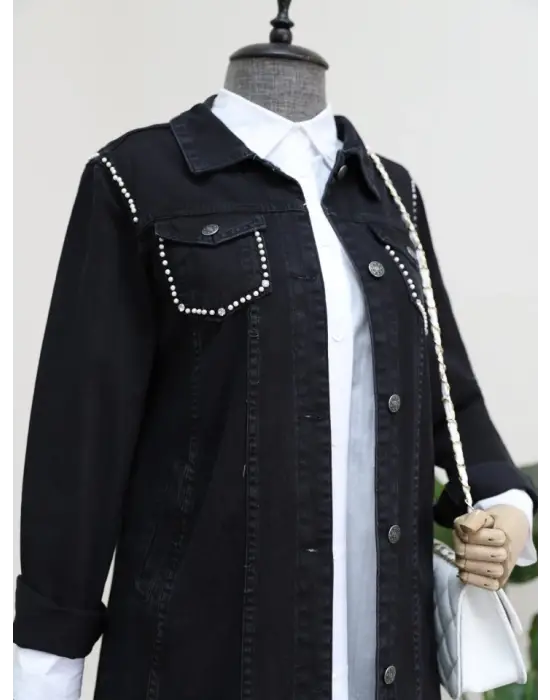 Omarı İnci Detaylı Random Yıkama Kot Ceket -Siyah