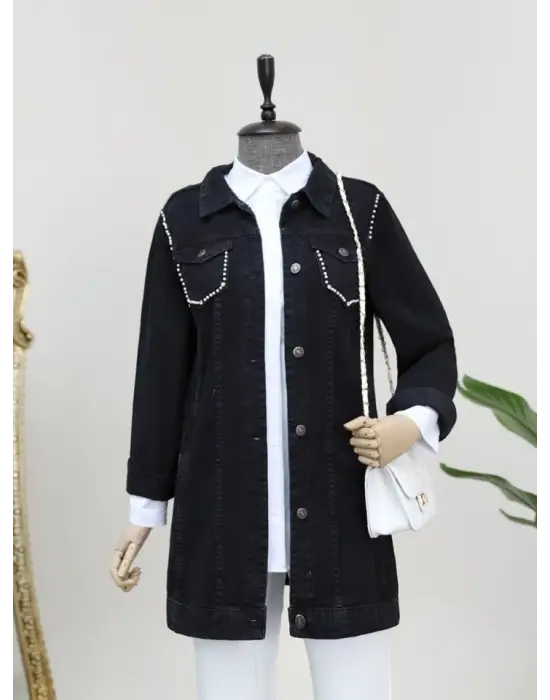 Cebi Ve Omuzları İncili Random Yıkama Kot Ceket -Siyah