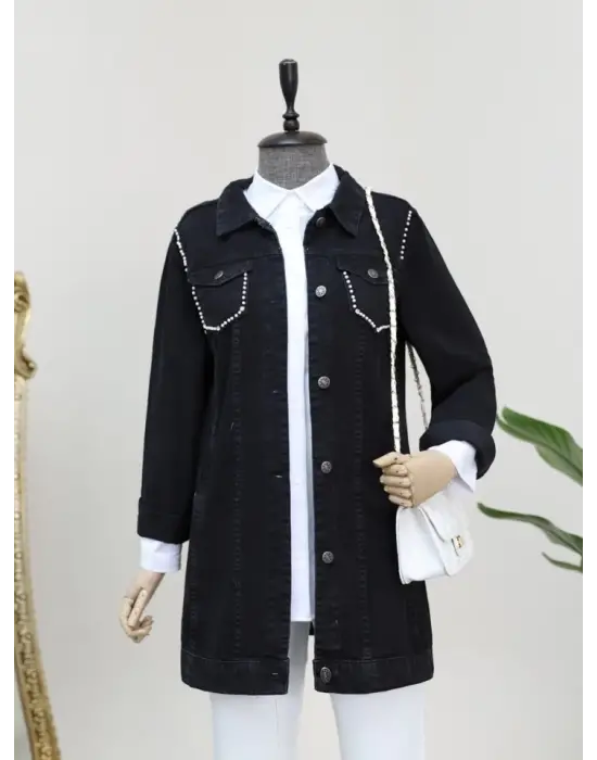 Omarı İnci Detaylı Random Yıkama Kot Ceket -Siyah