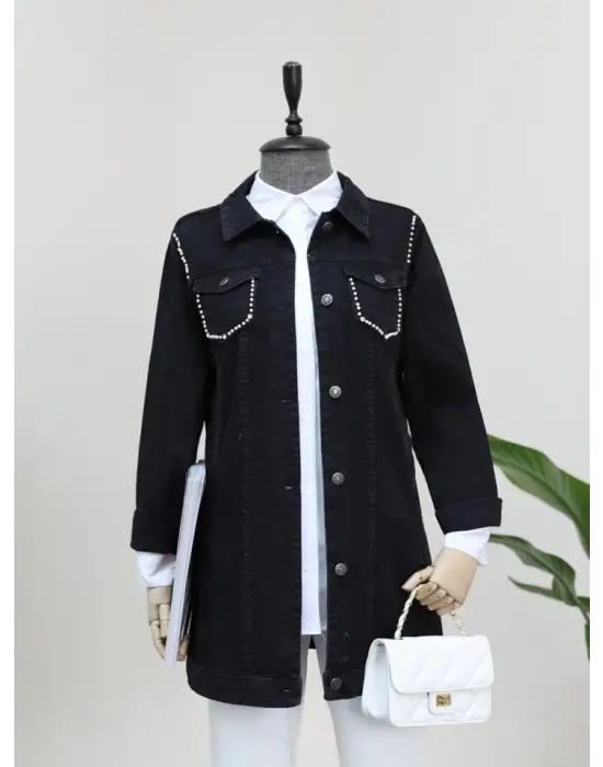 Cebi Ve Omuzları İncili Random Yıkama Kot Ceket -Siyah