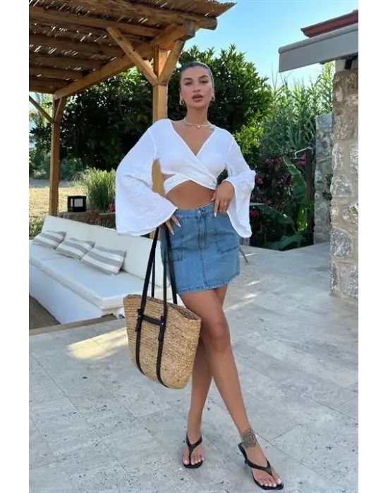 Omarı Vintage Tarzı Denim Mini Etek