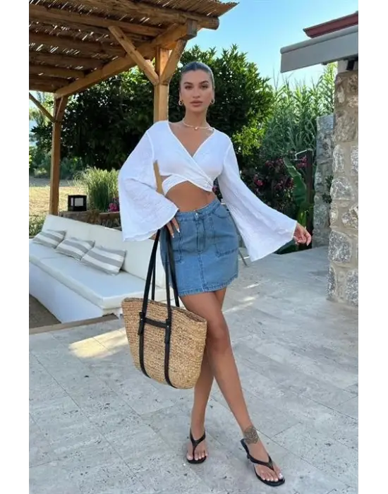 Omarı Vintage Tarzı Denim Mini Etek