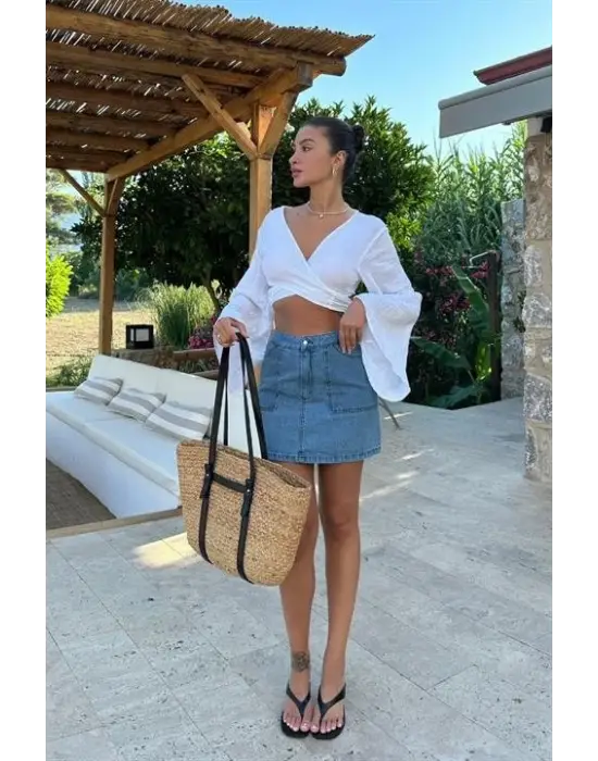 Omarı Vintage Tarzı Denim Mini Etek